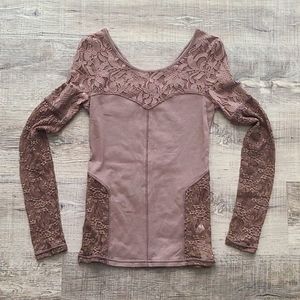 Free People Brown Floral Lace Long Sleeve Top XS